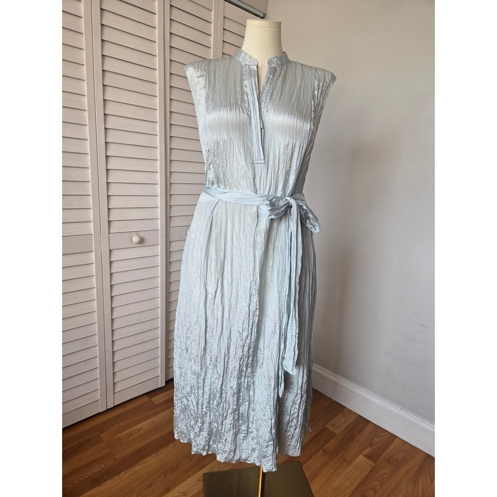 Vince Mint Crinkled Popover Midi Dress Size L Belted Pockets Minimalist Luxury - Picture 2 of 9
